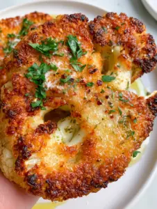 Close-up of a single Baked Cauliflower Steak showing its dense, meaty cross-section and blistered floret edges.