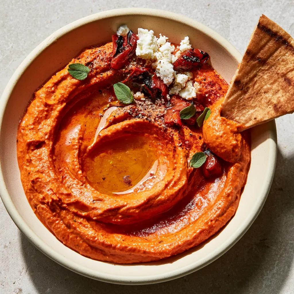 Red Pepper Feta Dip (Whipped Htipiti Style) 1 A top-down view of Red Pepper Feta Dip showing the garnishes of smoked paprika, cracked black pepper, and fresh emerald-green oregano leaves.