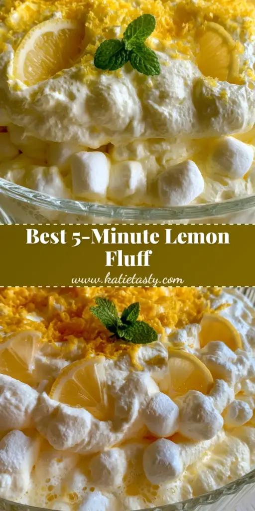 A tall, vertical shot of Lemon Fluff Salad in a fluted glass bowl, topped with zest and mint.