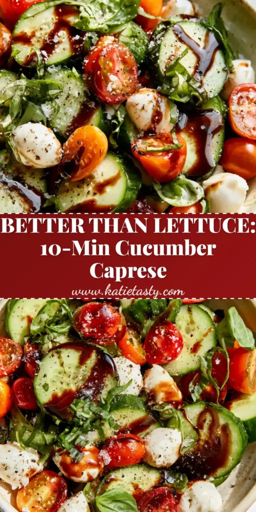 Cucumber Caprese Salad: The Ultimate 10-Minute Summer Side Dish 3 A top-down smartphone photo of a Cucumber Caprese Salad in a cream bowl with thick balsamic glaze drizzle, mozzarella pearls, and sliced English cucumbers.