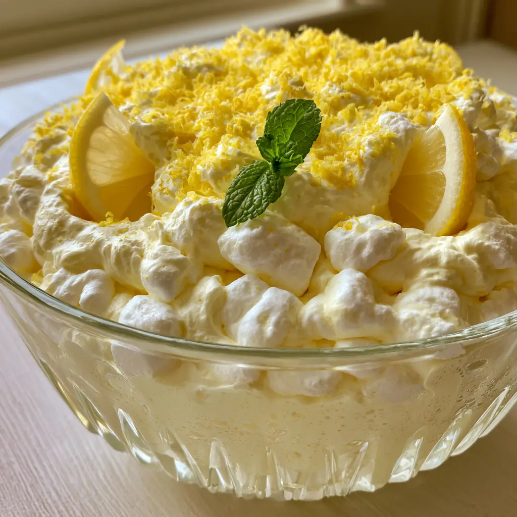 A high-angle close-up of Lemon Fluff Salad showing the airy lemon cream and bumpy marshmallows.