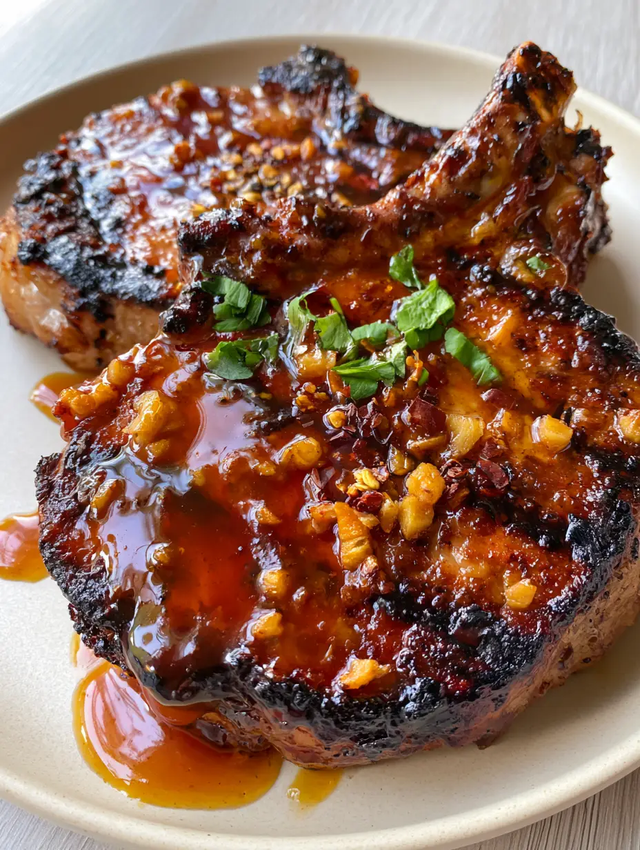 High-angle shot of grilled bone-in pork chops with translucent amber glaze and toasted garlic. (grilled pork sauce recipe)