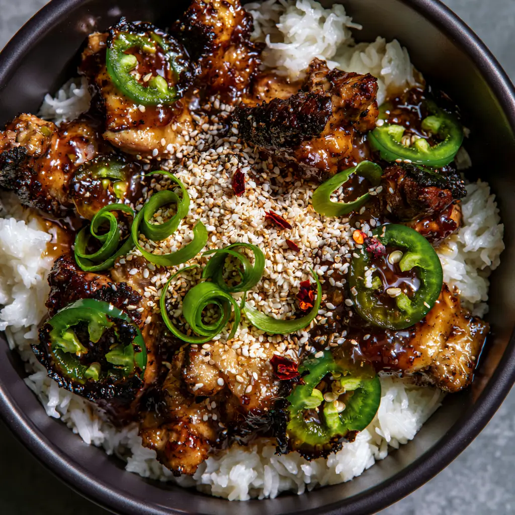 Top-down view of Asian Jalapeno Chicken garnished with toasted sesame seeds and curled green scallions.
