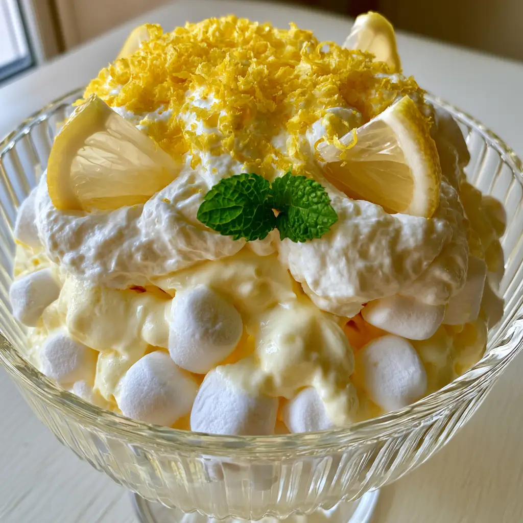 Smartphone photo of Lemon Fluff Salad garnished with lemon zest curls and mint sprigs.