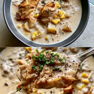 A top-down bird's-eye view of a charcoal ceramic bowl filled with thick ivory lion's mane mushroom chowder, garnished with chives and thyme.