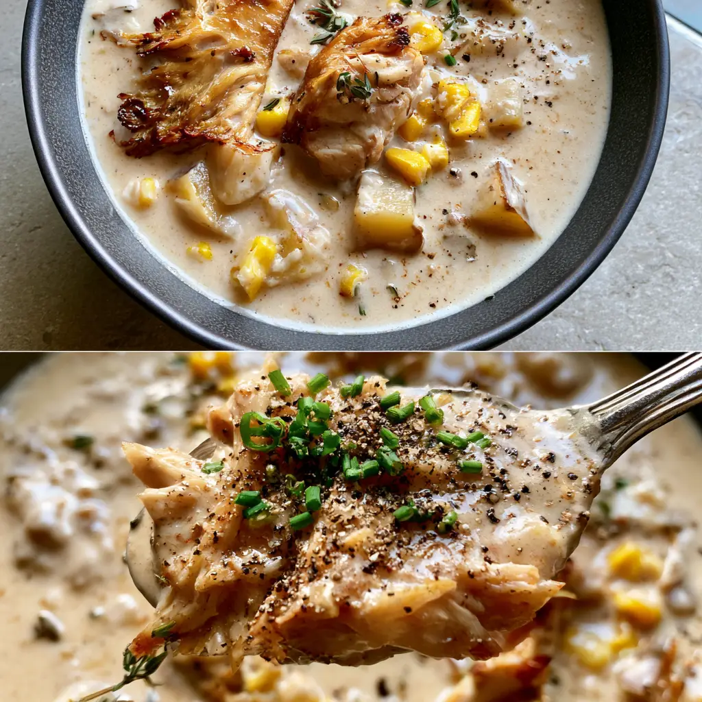 Lion's Mane Mushroom Chowder: The Ultimate Creamy Comfort Bowl 2 A top-down bird's-eye view of a charcoal ceramic bowl filled with thick ivory lion's mane mushroom chowder, garnished with chives and thyme.