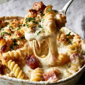 Close up of a ham and cheese casserole in a rustic dish with rotini pasta, honey-glazed ham cubes, and melted bubbly cheese.