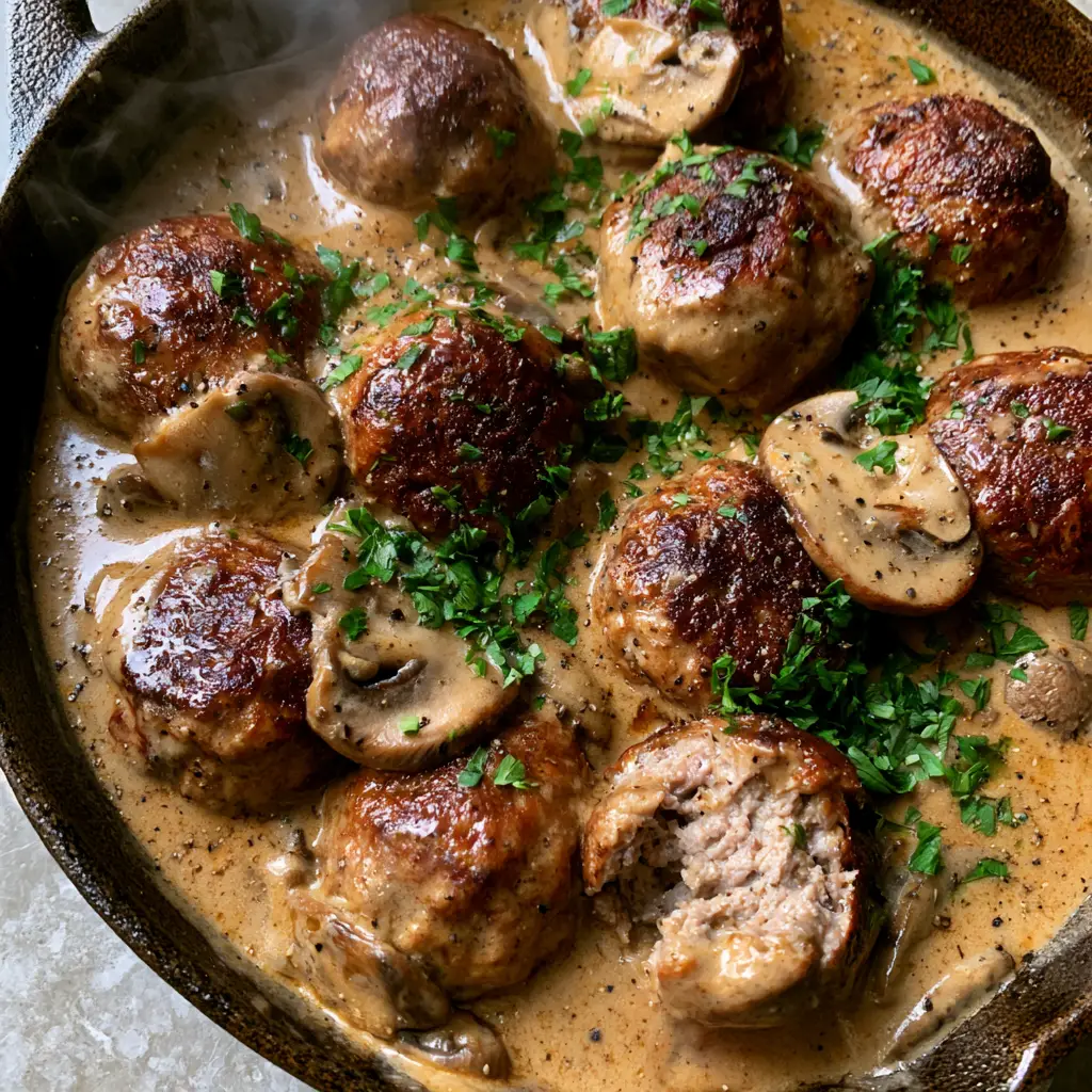 Meatballs in Mushroom Sauce: The Ultimate Skillet Comfort Food 2 Top-down view of perfectly seared beef meatballs in a golden-brown mushroom sauce in a cast iron pan. (meatballs in mushroom sauce)