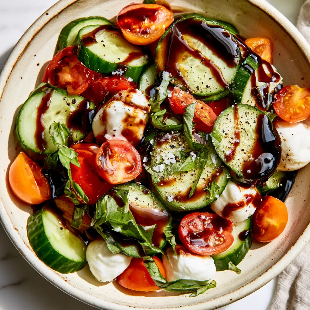 Cucumber Caprese Salad: The Ultimate 10-Minute Summer Side Dish 1 A rustic cream bowl filled with Cucumber Caprese Salad featuring fresh basil and velvety mozzarella pearls.