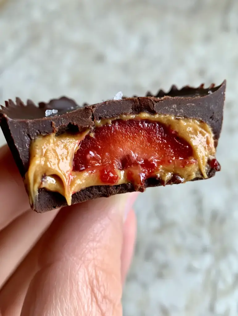 Close up cross-section of strawberry peanut butter cups with a matte dark chocolate shell and golden peanut butter core.
