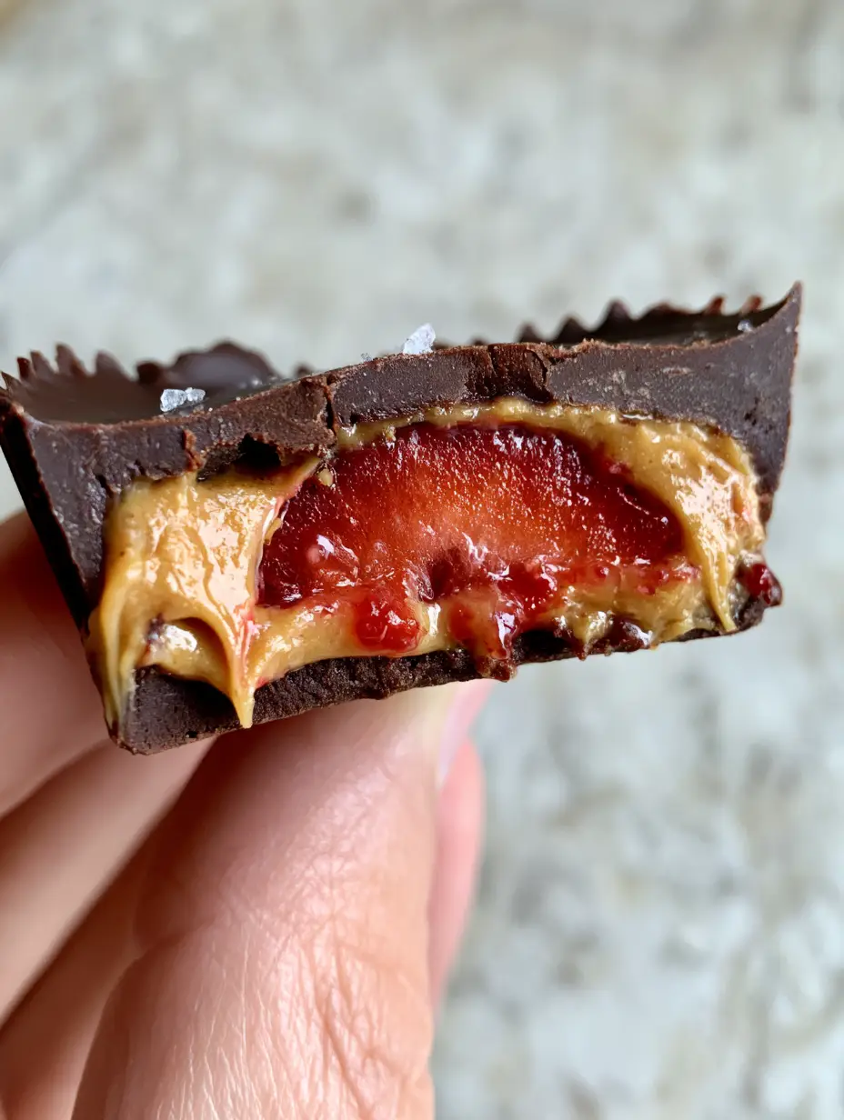 Close up cross-section of strawberry peanut butter cups with a matte dark chocolate shell and golden peanut butter core.