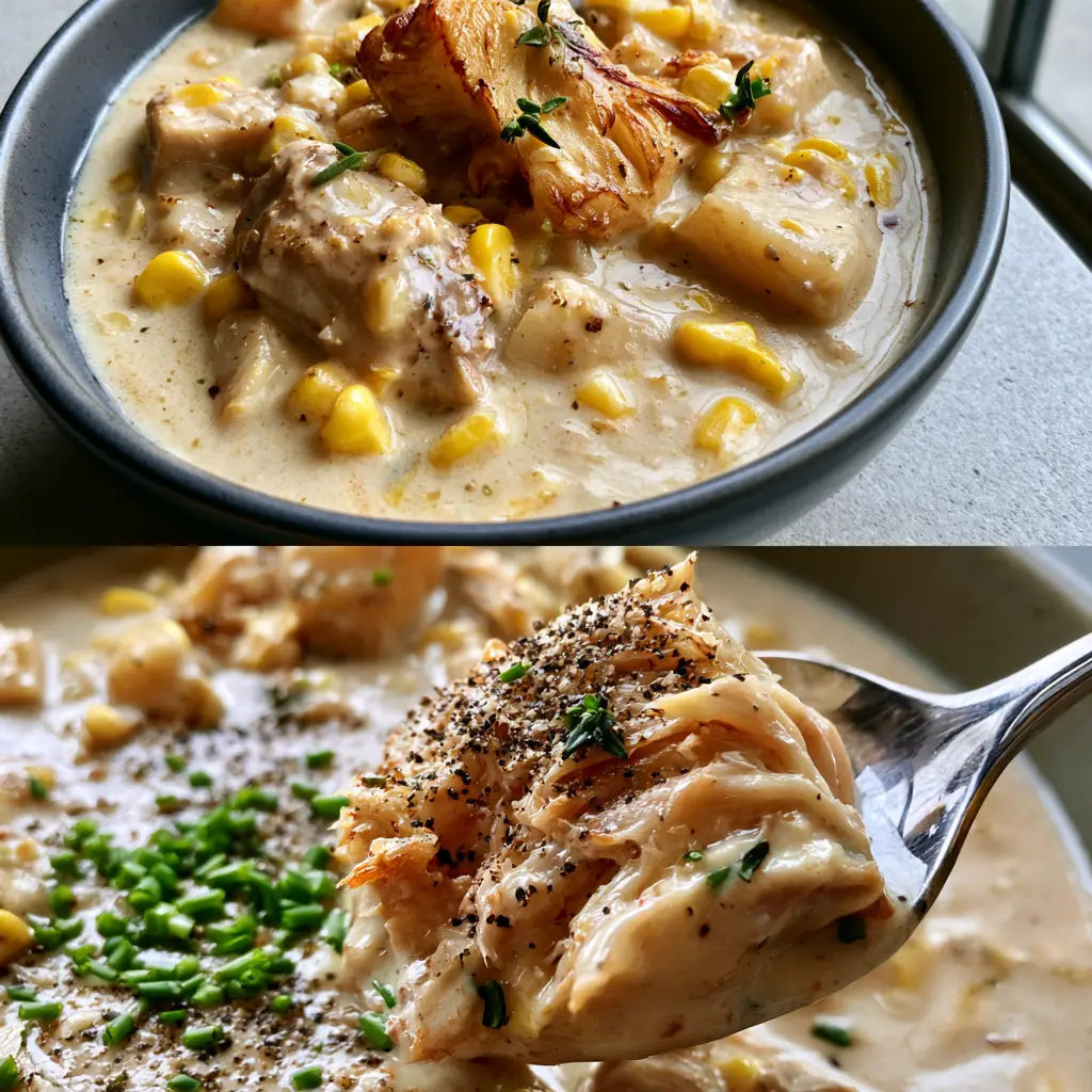 Lion's Mane Mushroom Chowder: The Ultimate Creamy Comfort Bowl 1 Extreme macro close-up of a silver spoon lifting a succulent piece of shredded lion's mane mushroom from a creamy chowder.
