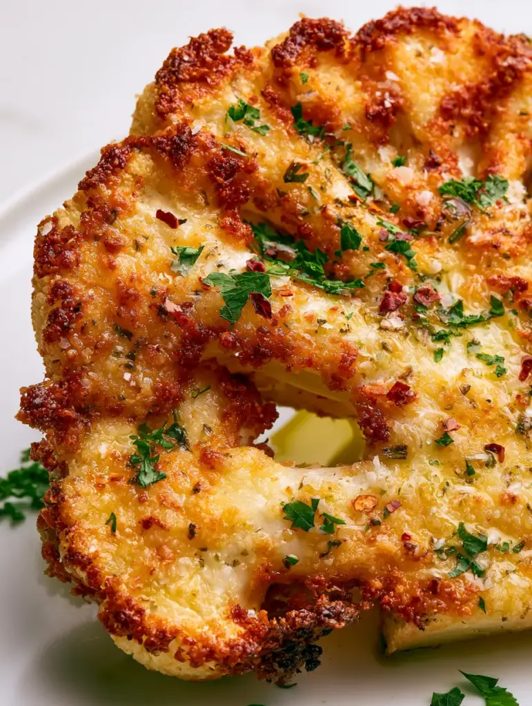 Baked Cauliflower Steaks with Crispy Parmesan Crust and Garlic Infusion 1 Baked Cauliflower Steaks being lifted to show the crispy parmesan texture and glistening herb-infused olive oil.