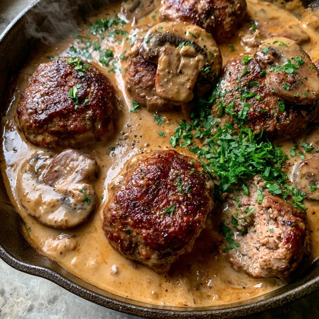 Meatballs in Mushroom Sauce: The Ultimate Skillet Comfort Food 1 Close up of a broken meatball showing a moist interior in a thick mushroom cream sauce with fresh parsley.