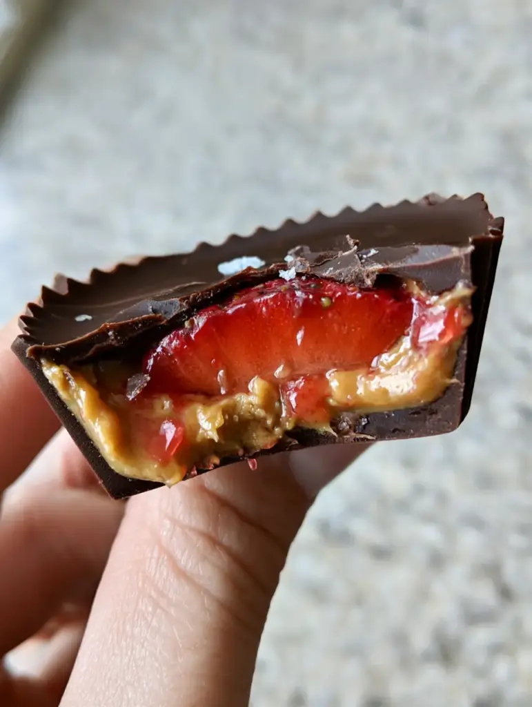 Bitten-into strawberry peanut butter cups held between fingers under soft natural afternoon sunlight.