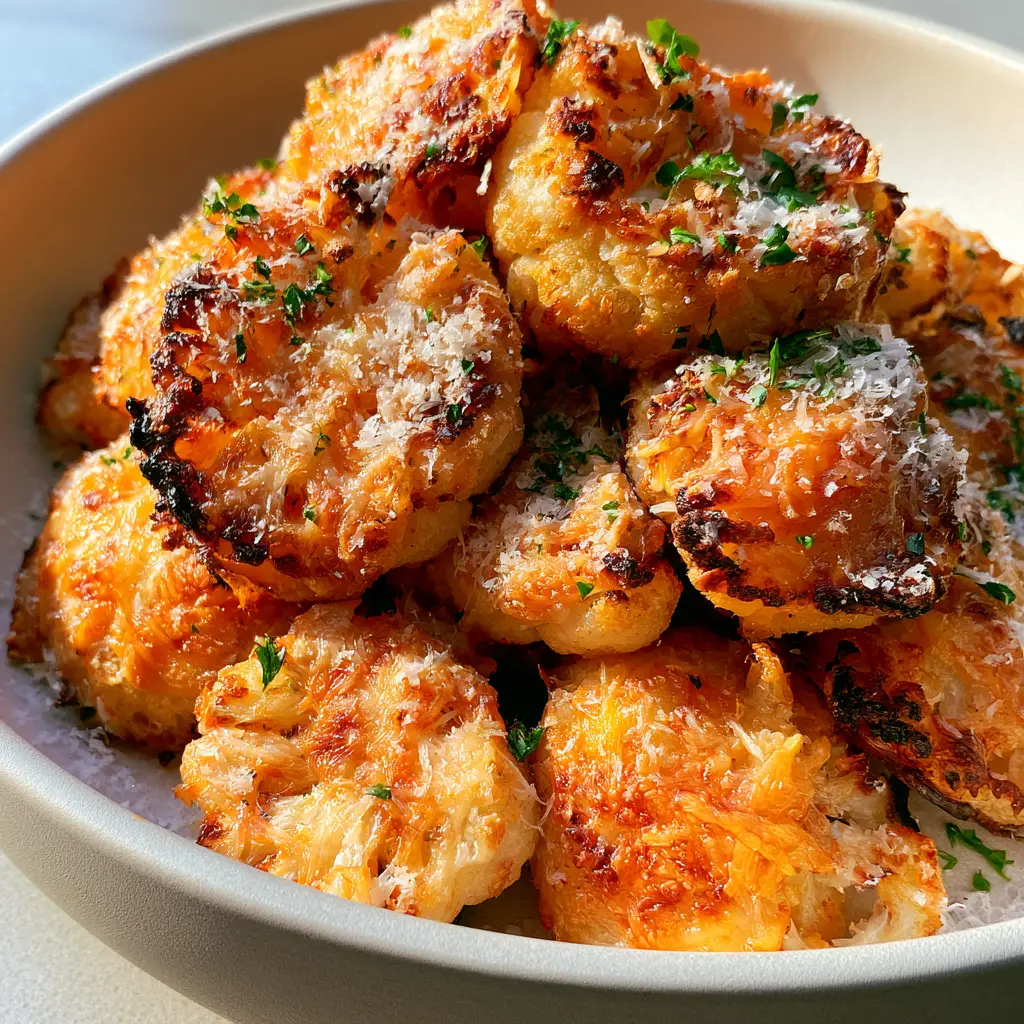 Handheld photo of crispy parmesan cauliflower bites with micro-planed snowy parmesan dusting.