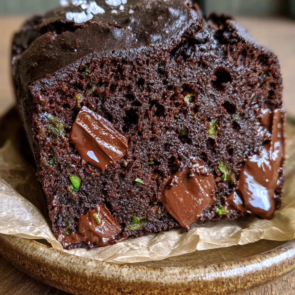 Extreme close-up of obsidian dark double chocolate zucchini bread with visible steam-softened texture and oozing chocolate chunks.