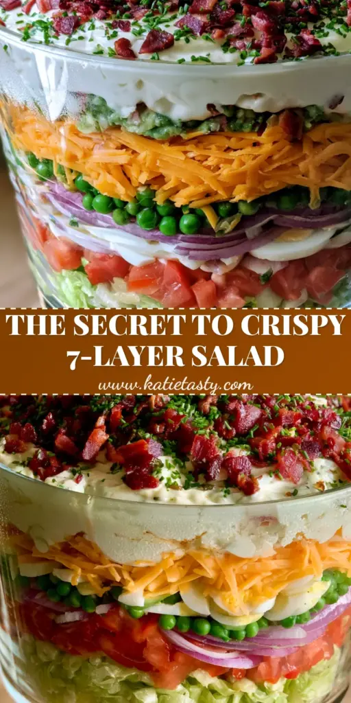 A classic Seven Layer Salad in a glass trifle bowl showing vertical layers of lettuce, tomatoes, eggs, peas, onions, cheese, and bacon. (seven layer salad)