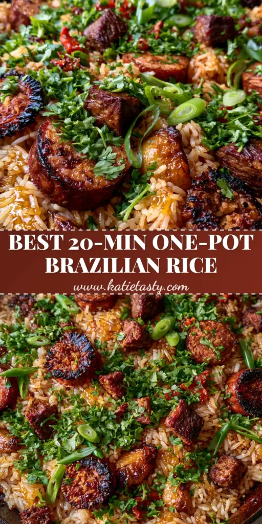 A top-down shot of Brazilian dirty rice in a cast iron skillet with charred sausage, seared beef, and green onion garnish.