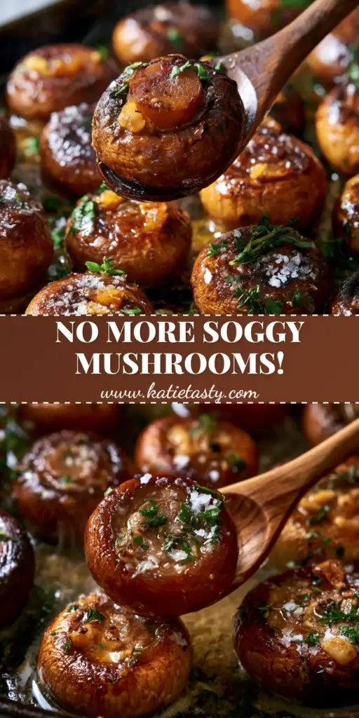 An extreme close-up of golden-brown roasted mushrooms on a dark sheet pan with garlic butter and herbs.
