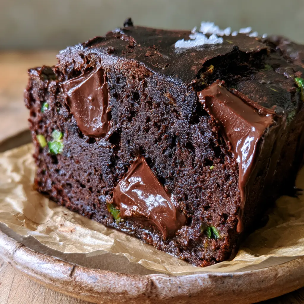Double Chocolate Zucchini Bread: The Ultimate Fudgy Cocoa Loaf 1 A slice of double chocolate zucchini bread on a rustic plate showing microscopic green zucchini flecks in a dark cocoa loaf.