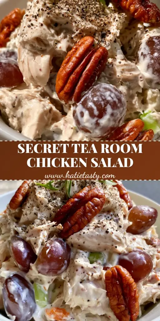A chilled white bowl filled with creamy Southern Chicken Salad featuring hand-shredded chicken, purple grapes, and large toasted pecans on a stone countertop.
