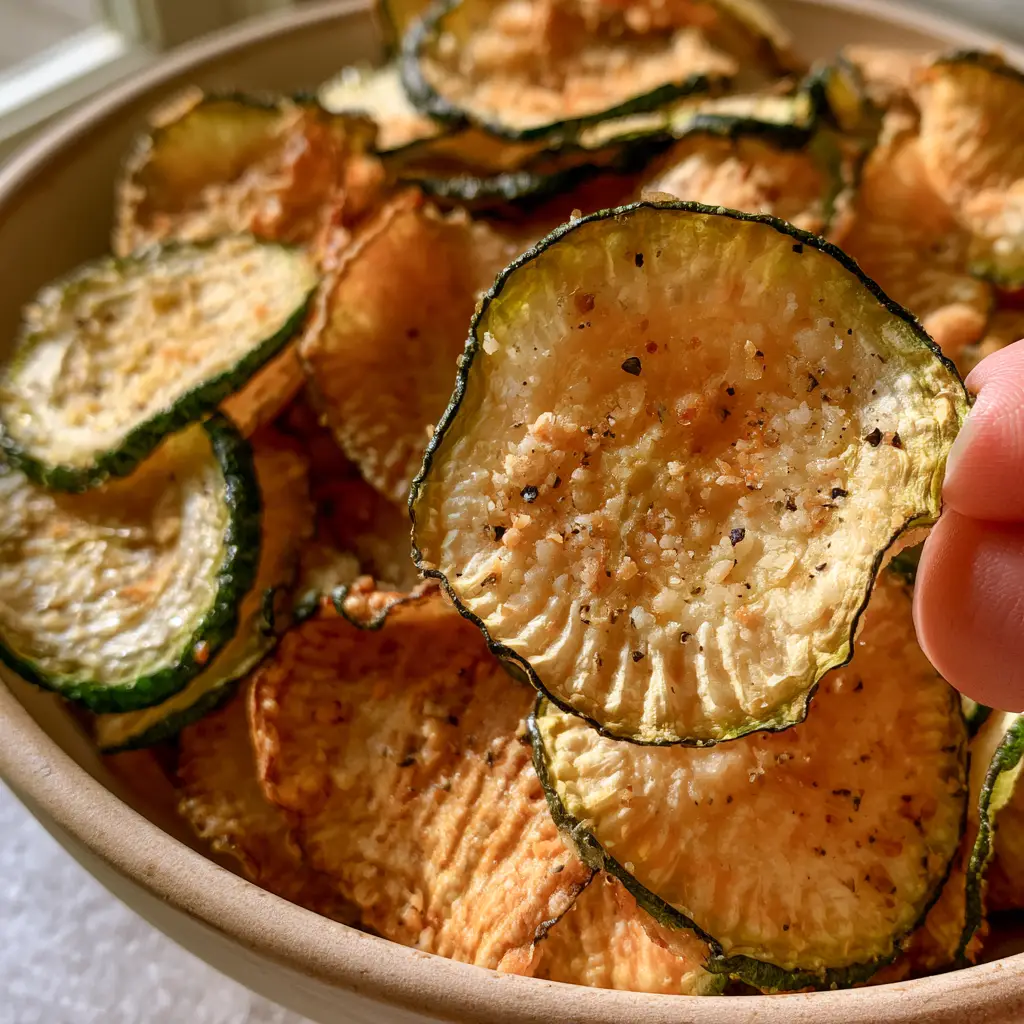 Extreme close-up of ultra-thin Air fryer zucchini chips with golden brown rippled edges and melted parmesan cheese.