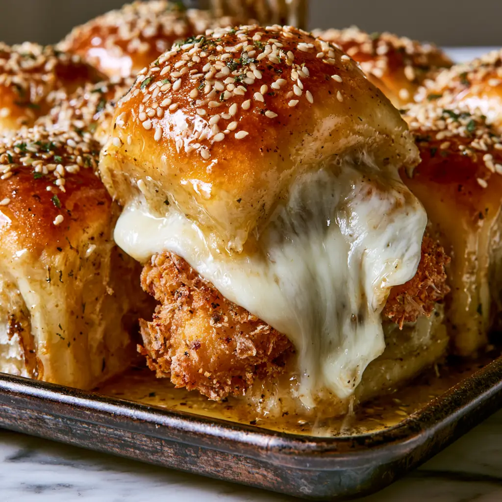 Jagged crispy chicken tender tucked inside a toasted bun with melted mozzarella cheese.