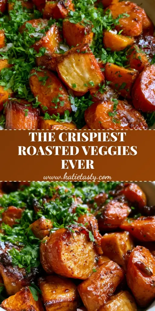 A vertical top-down shot of roasted sweet potatoes and carrots in a white ceramic dish, glistening with honey garlic glaze and garnished with parsley and flaky salt.