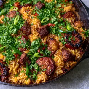 Macro shot of glistening Brazilian dirty rice grains with charred sausage rounds and succulent beef. (Brazilian dirty rice)