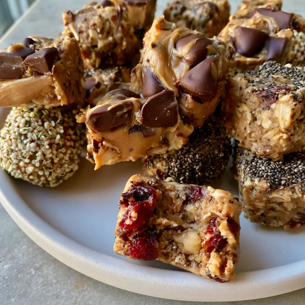 Top-down view of gourmet energy bars and bites with almond butter swirls and dark chocolate chips. (Clean Eating Snacks)