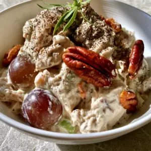 Close up of shredded chicken breast coated in thick Duke's mayonnaise with visible purple grapes and amber pecans for a Southern Chicken Salad.