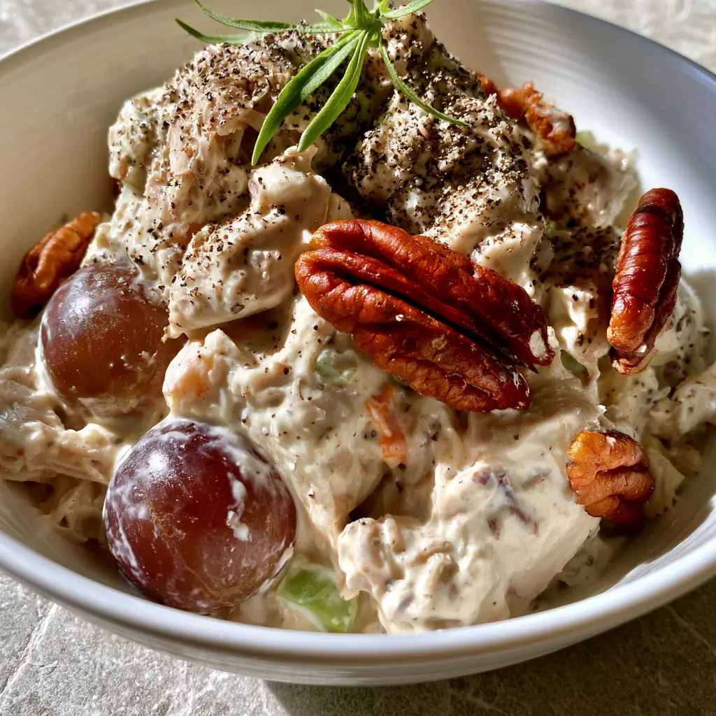 Close up of shredded chicken breast coated in thick Duke's mayonnaise with visible purple grapes and amber pecans for a Southern Chicken Salad.