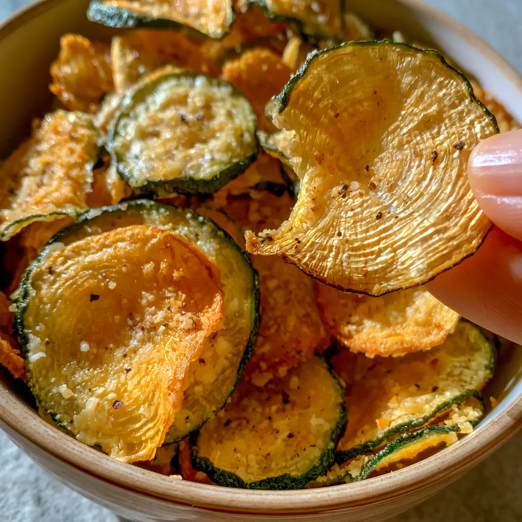 A hand holding a single Air fryer zucchini chip showing a clean snap-break texture and fine grains of toasted parmesan.