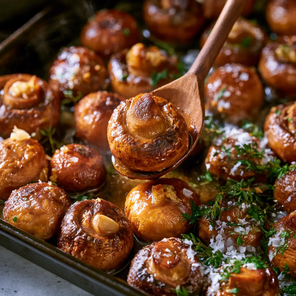 A wooden spoon lifting a roasted mushroom showing the meaty interior texture and herbs.
