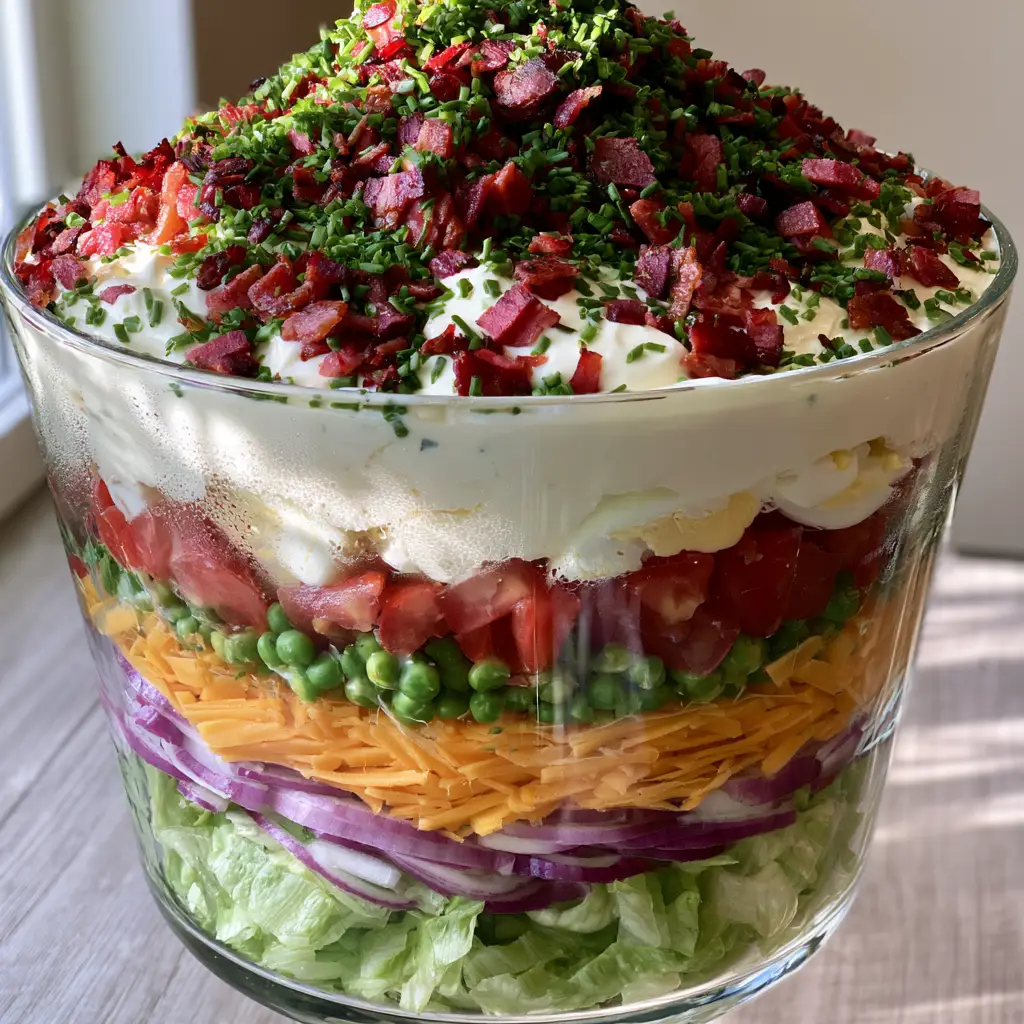 Seven layer salad in a glass bowl on a wooden counter with condensation emphasizing freshness.