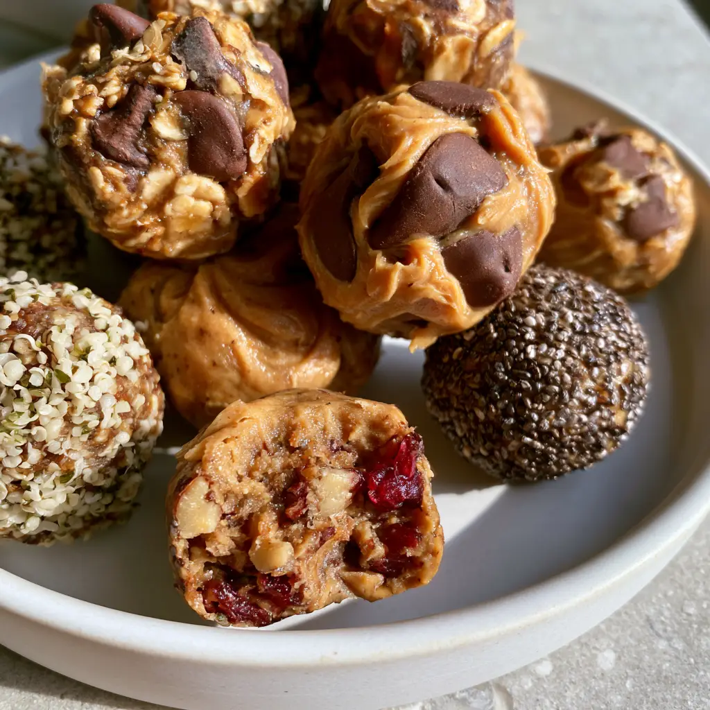 Clean Eating Snacks: Gourmet No-Bake Almond Butter Protein Bites 1 Close-up of a broken protein bite revealing a moist interior with cranberries and walnuts.