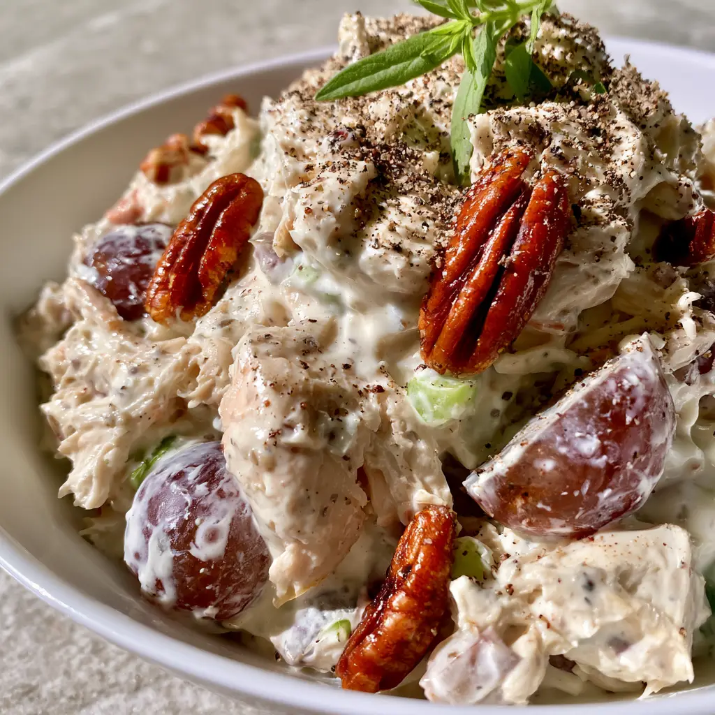 A top-down view of Southern Chicken Salad garnished with fresh tarragon sprigs and coarse cracked black pepper.
