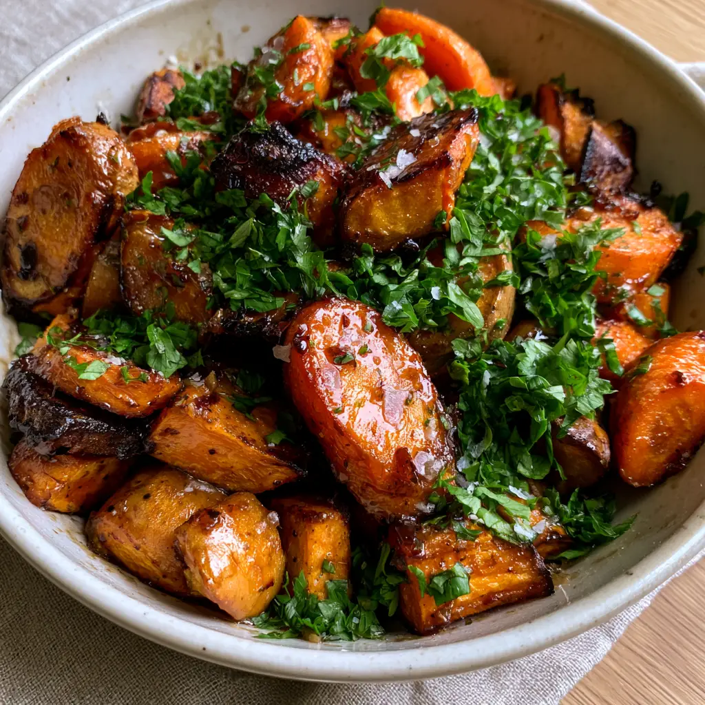 Top-down view of a white ceramic baking dish filled with roasted sweet potatoes and carrots on a light wooden table.