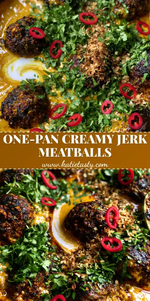 Jerk Meatballs In Coconut Curry Sauce: A Golden Skillet Masterpiece 4 A rustic cast iron skillet filled with charred Jerk Meatballs In Coconut Curry Sauce garnished with cilantro and red chilies.