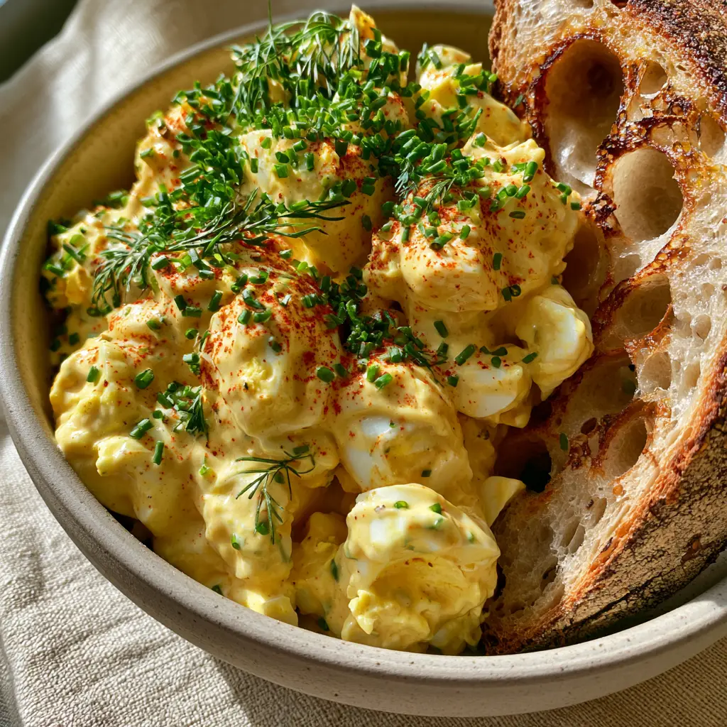 A matte stoneware bowl filled with gourmet egg salad topped with chives and smoked paprika. (Best Egg Salad Recipe)
