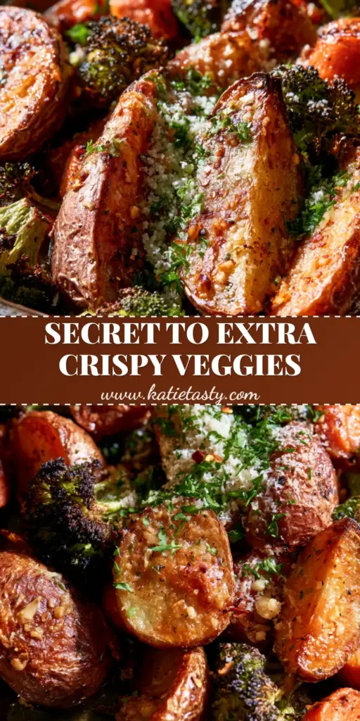 A rustic sheet pan overflowing with crispy Roasted Potatoes and Veggies, featuring charred broccoli and a thick parmesan garlic crust.