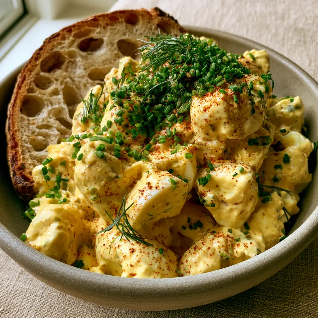 Handheld photo of egg salad on charred sourdough with fresh herbs. (Best Egg Salad Recipe)