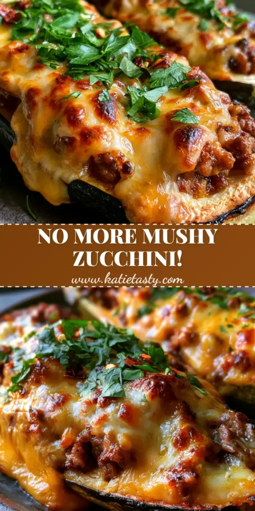A close up photo of two Stuffed zucchini boats topped with bubbly melted cheddar and mozzarella cheese, garnished with parsley and red pepper flakes.