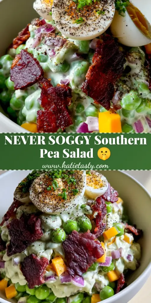 A premium Southern pea salad with vibrant green peas, crispy bacon, and soft yolk egg quarters in a white bowl. (pea salad)