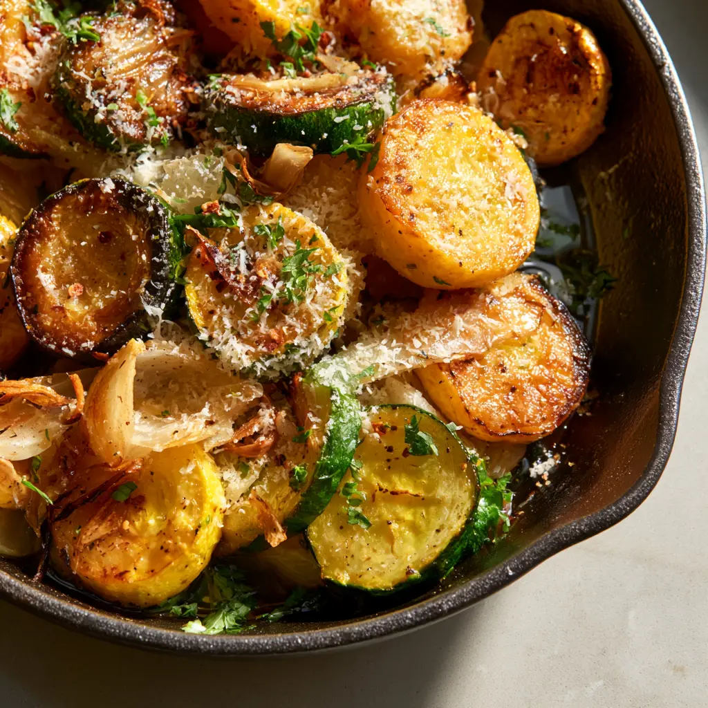 Sauteed Zucchini and Squash with Garlic and Parmesan 2 Close up shot of caramelized zucchini rounds and seared yellow squash with toasted garlic slivers in a black pan. (Sauteed Zucchini and Squash)