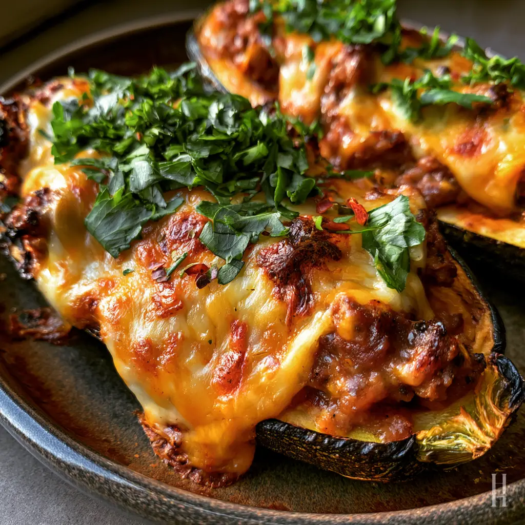 Extreme macro photo of two roasted Stuffed zucchini boats with visible charred edges and savory beef filling.