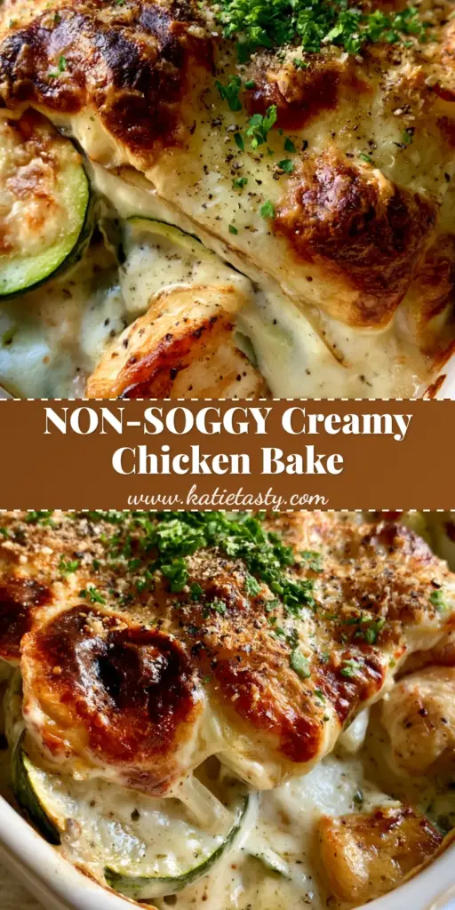 A top-down view of a creamy chicken zucchini bake in a rustic dish featuring molten mozzarella, charred parmesan bubbles, and fresh parsley. (creamy chicken zucchini bake)