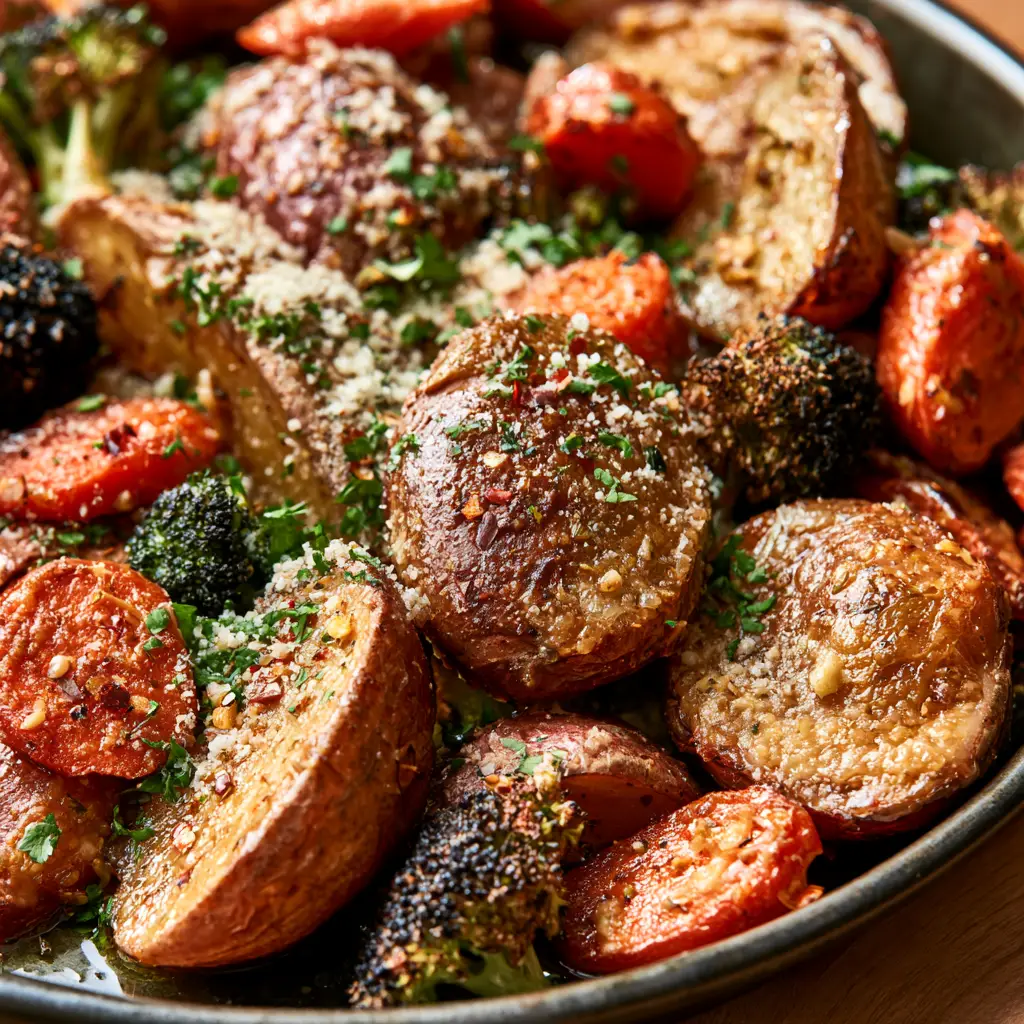 Handheld photo of caramelized carrots and charred broccoli florets in a Roasted Potatoes and Veggies medley.