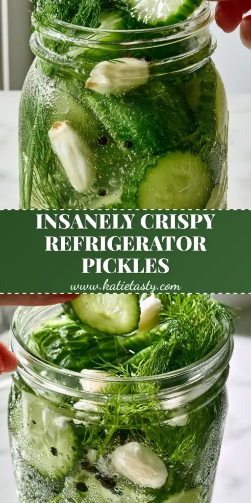 A chilled mason jar of crinkle-cut refrigerator pickles with fresh dill and garlic, showing condensation and a crisp slice being held up.